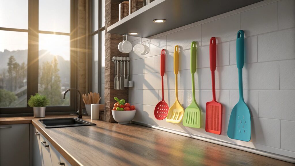 Sunlit modern kitchen with colorful utensils on the wall.