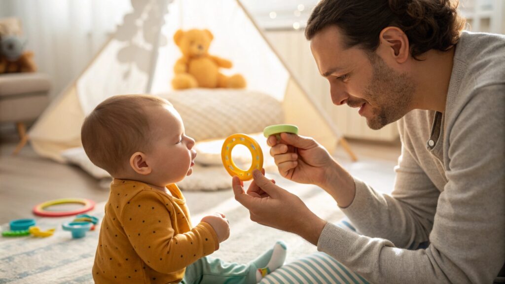 A father showing teething toys to his baby in a cozy play area.