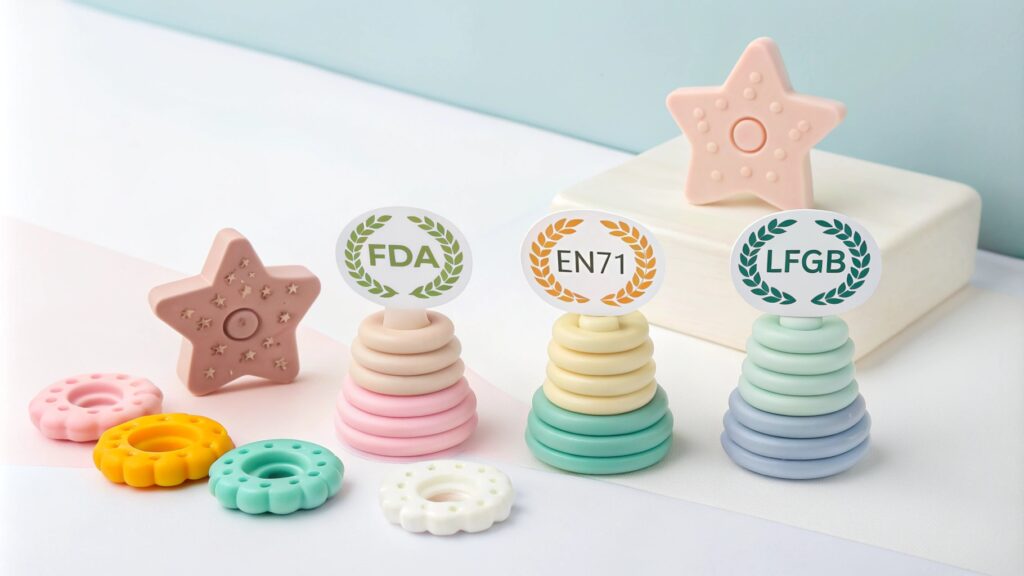 Stacked silicone toys labeled with FDA, EN71, and LFGB safety