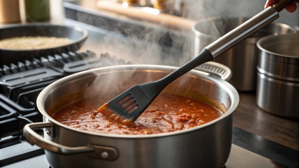 Tomato sauce cooking in a pot with a black spatula on a stovetop.