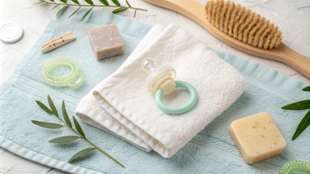  A flat lay of baby hygiene items, including a pacifier, towels, and soap.