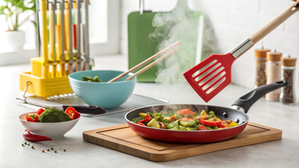 A steaming pan of vegetables on a kitchen counter with colorful utensils nearby.