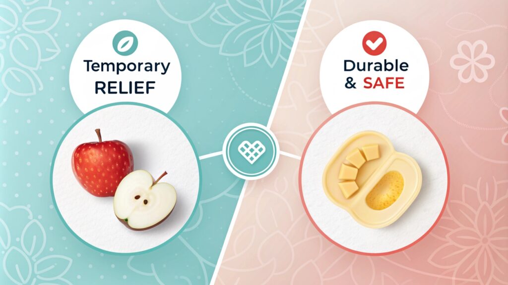 Side-by-side comparison of apples for temporary teething relief and a durable silicone teething tool.