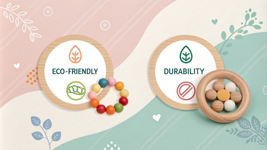 Comparison of eco-friendly bead ring toy and durable wooden rattle on pastel background.