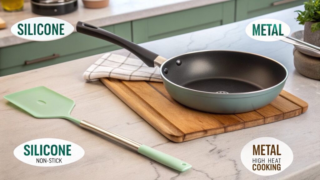 Kitchen setup featuring silicone and metal utensils.