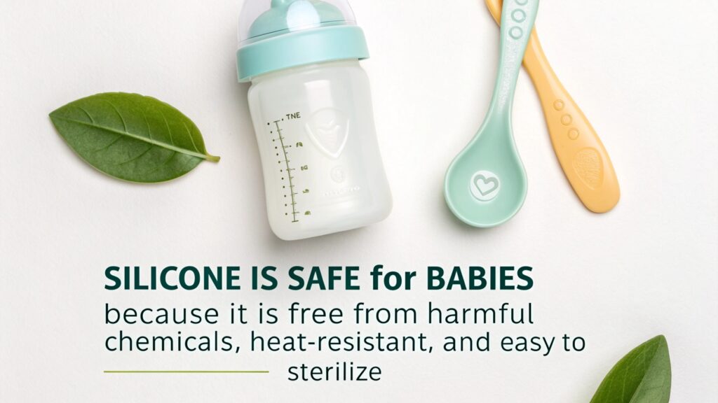 Silicone baby bottle and spoons on a minimalist background.