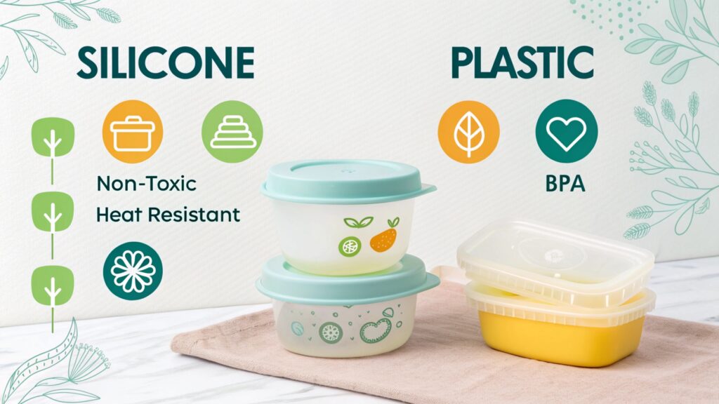 Comparison of silicone and plastic baby food containers.