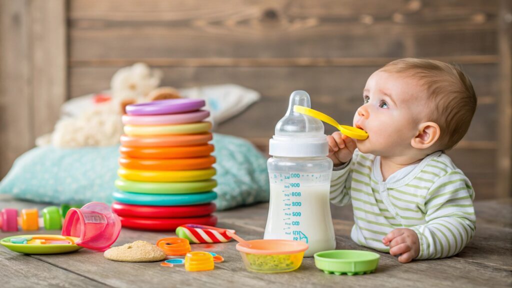 Baby surrounded by toys, a milk bottle, and feeding accessories.