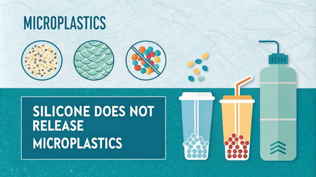 Visual comparison showing microplastics in various items and a statement that silicone does not release microplastics.