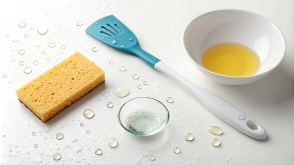 A silicone spatula, sponge, soap, and bowl on a wet surface.