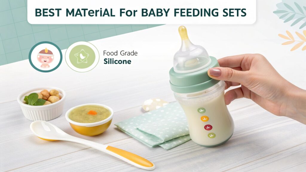 Silicone baby bottle and feeding accessories in pastel colors.