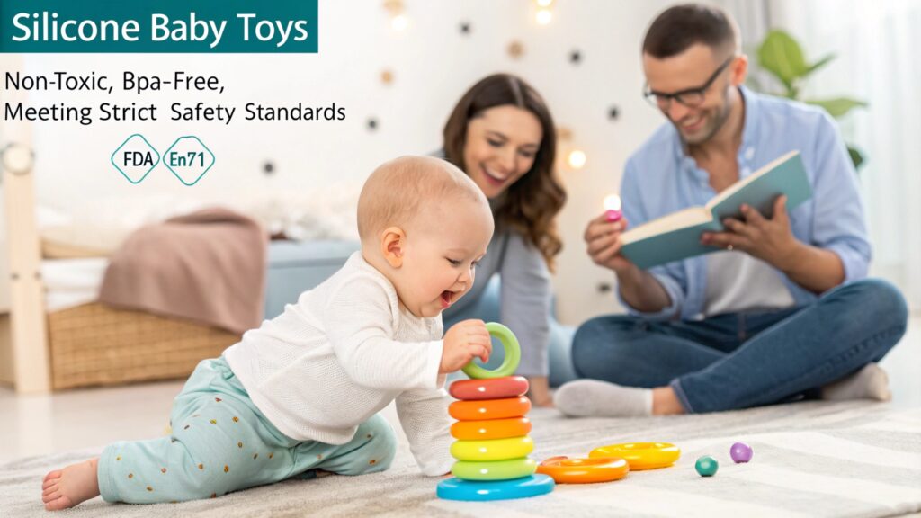 Baby playing with colorful stacking rings while parents watch.