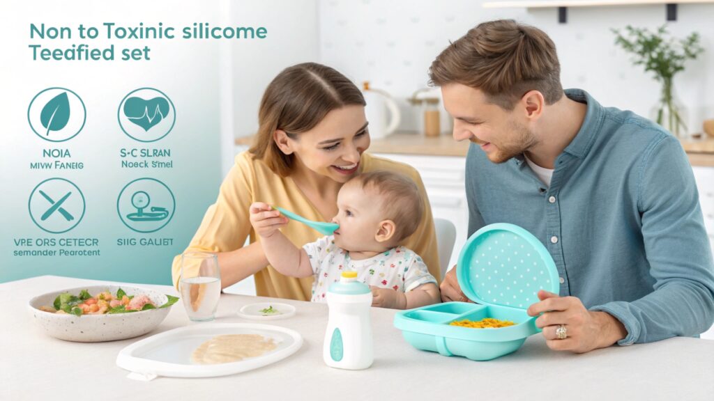 Family enjoying mealtime with baby using silicone feeding products.