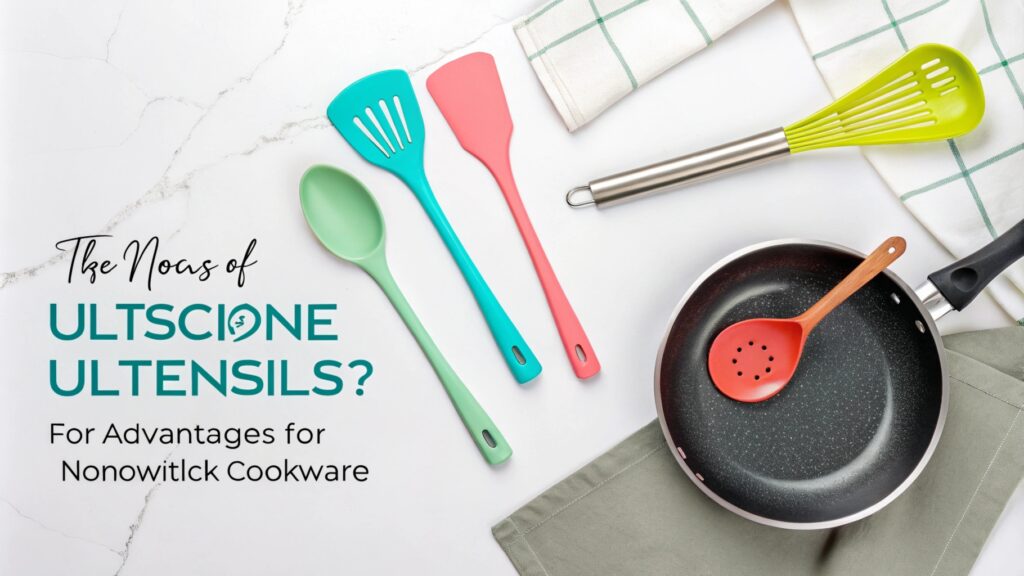  Silicone utensils displayed alongside a nonstick pan and cloth napkins.