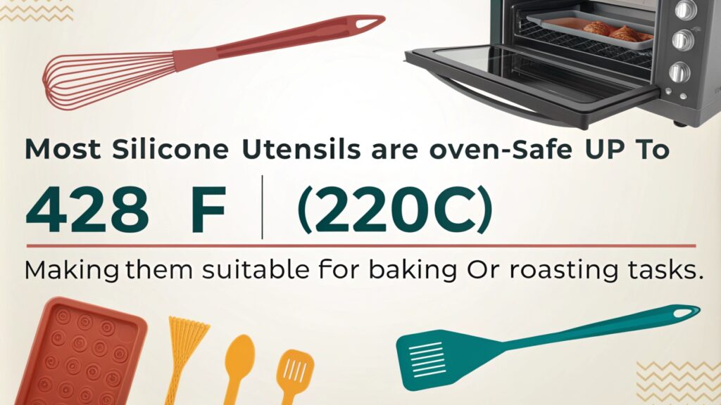  Infographic on silicone utensils being oven-safe up to 428°F (220°C) with examples of tools and an oven.