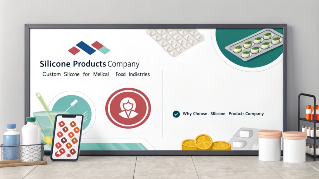 Promotional display for Silicone Products Company featuring medical and food industry products.