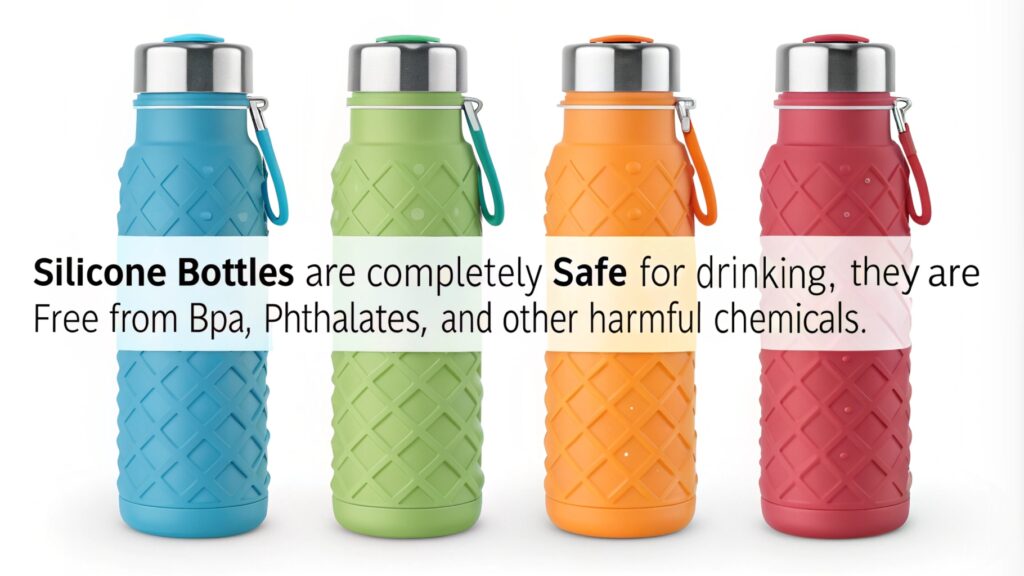 Four silicone bottles in blue, green, orange, and red with text highlighting their safety.