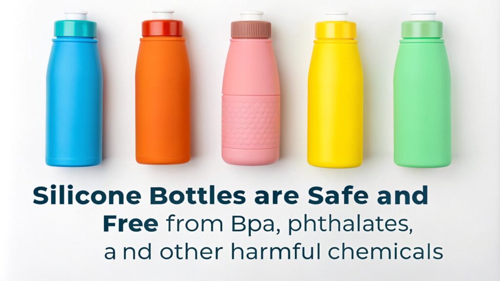 Five colorful silicone bottles with a safety message about being BPA and chemical-free.