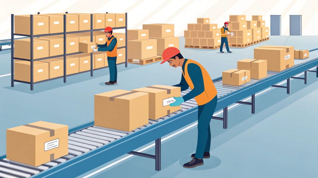 Workers organizing boxes in a warehouse.