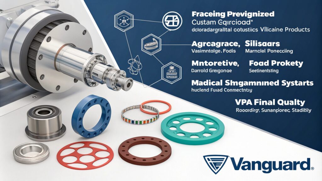 Industrial components and seals showcased by Vanguard with technical details.