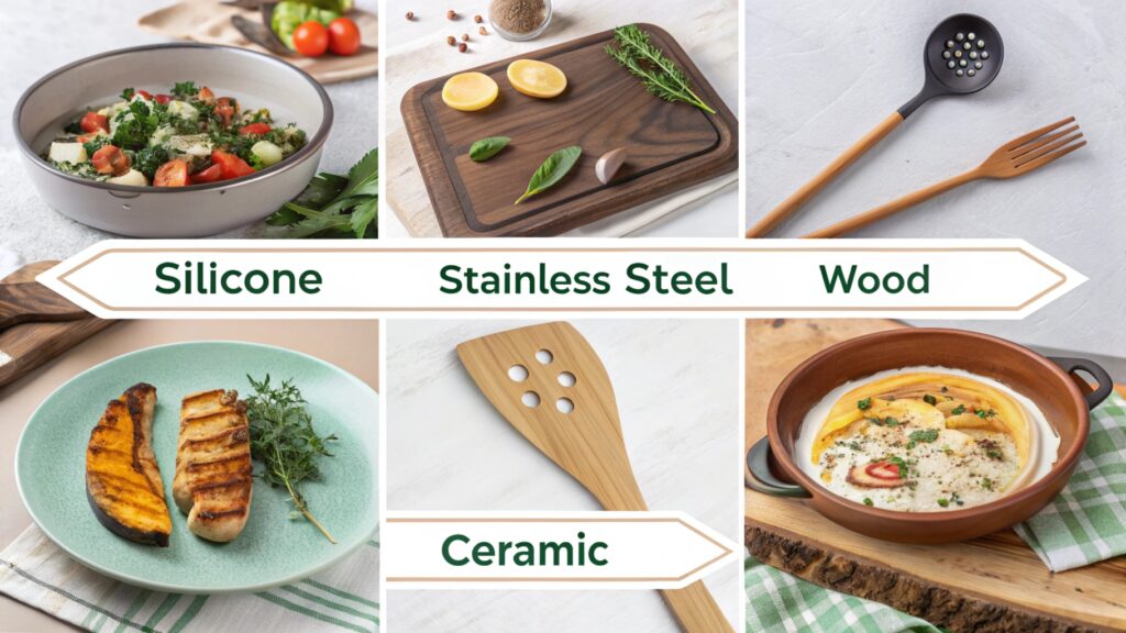 A display of kitchenware made from silicone, wood, ceramic, and stainless steel.