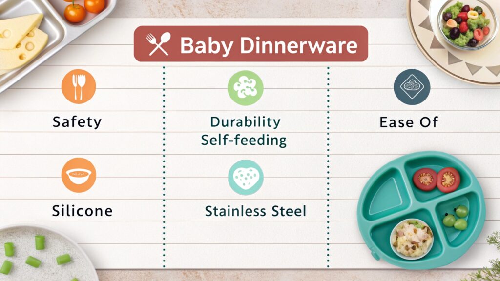 Chart showcasing baby dinnerware features.