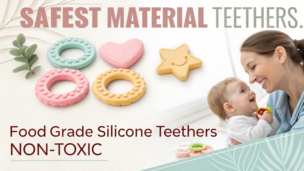 Assorted colorful silicone baby teethers and a happy mother and baby.