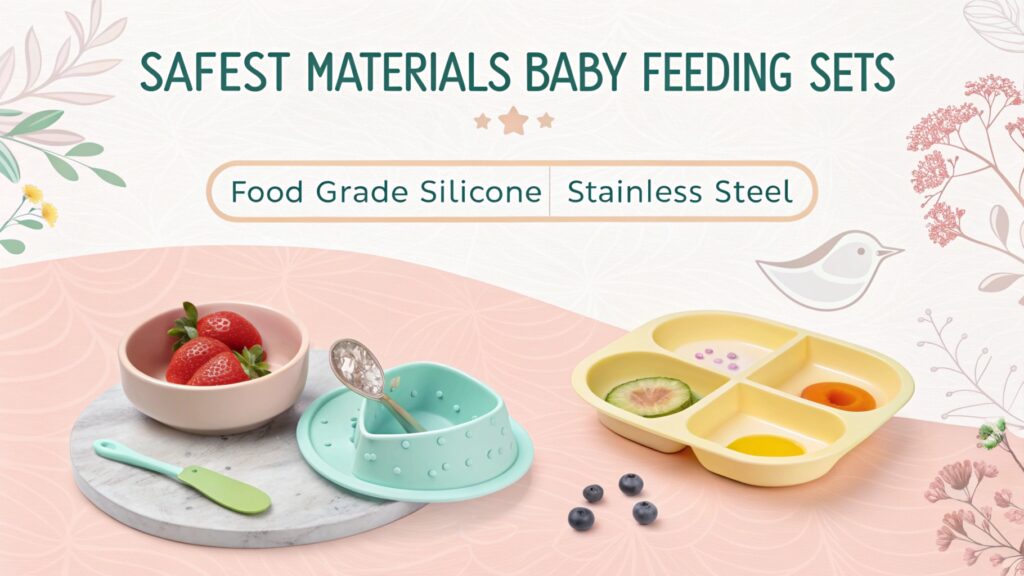 Baby feeding sets with safe materials displayed.