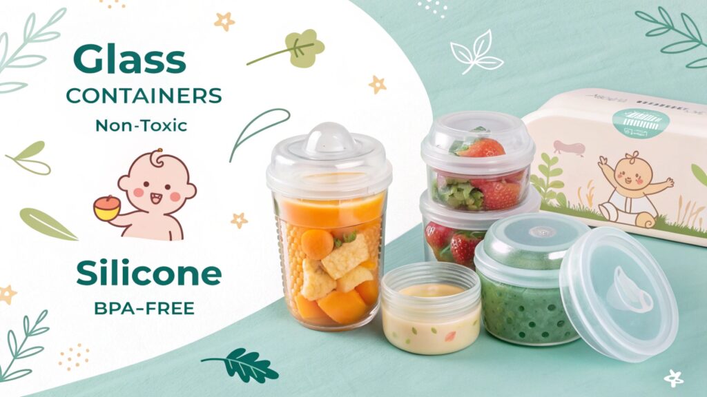 Glass and silicone containers with baby food and fruits.