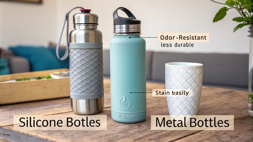 Silicone and metal bottles placed on a table with comparison labels.