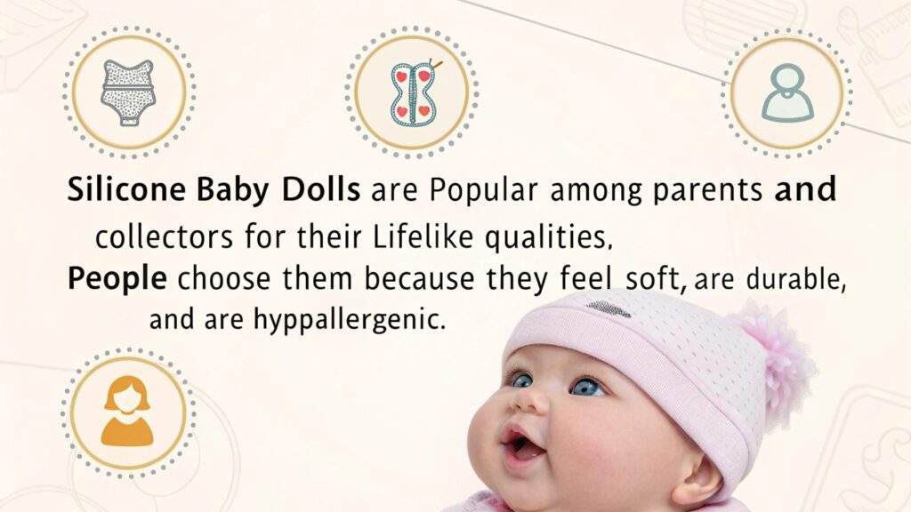 Lifelike silicone baby doll with benefits highlighted.